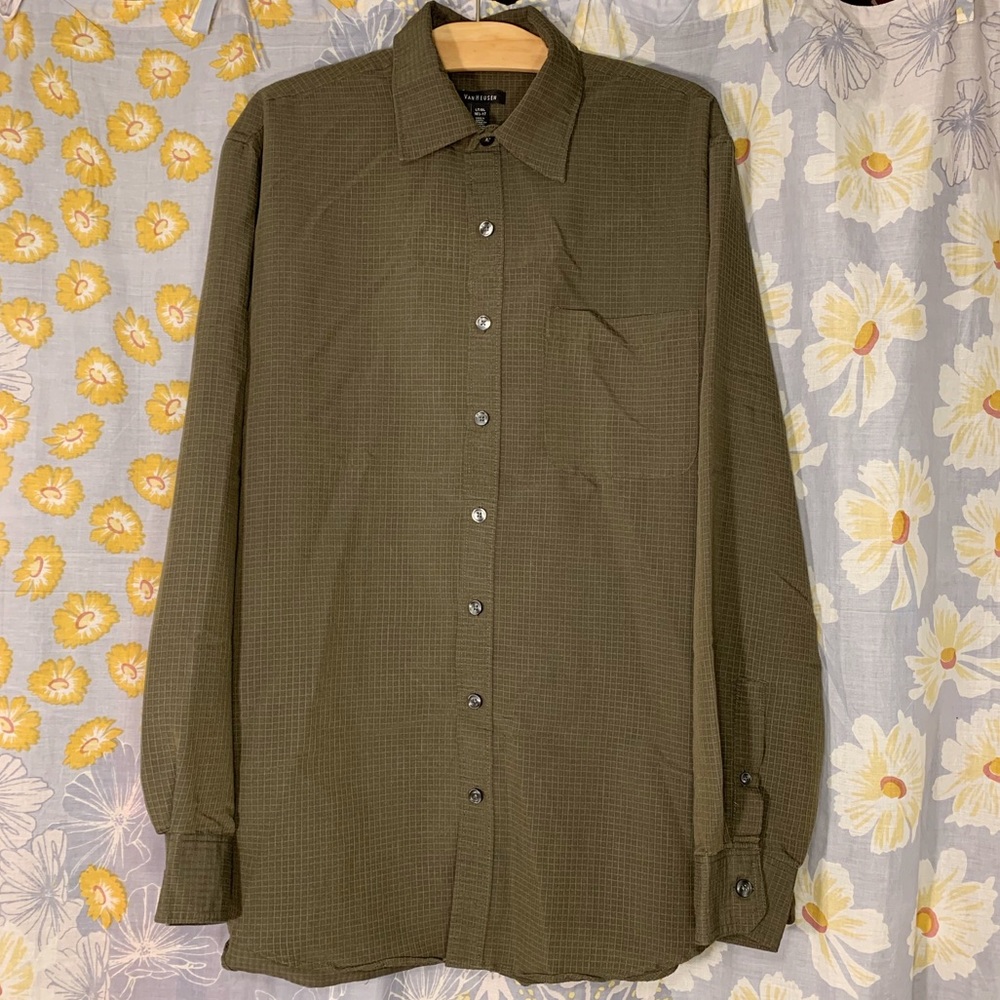 Van Heusen Mens Long Sleeve Button Down Dress Shirt Tall Hunter Green Large Tall